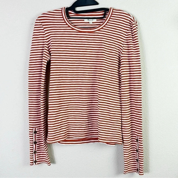 Madewell Crewneck Stripe Long Sleeve Shirt small Orange white Stripe Ribbed - Picture 1 of 8